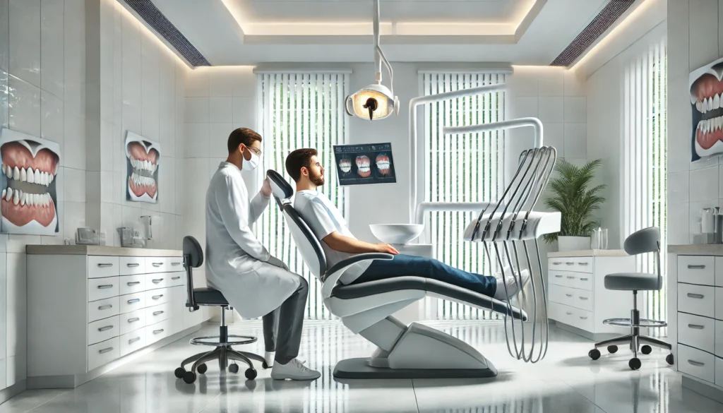 Alanya'da diş tedavisi gören bir hasta ve güleryüzlü diş hekimi ekibi.