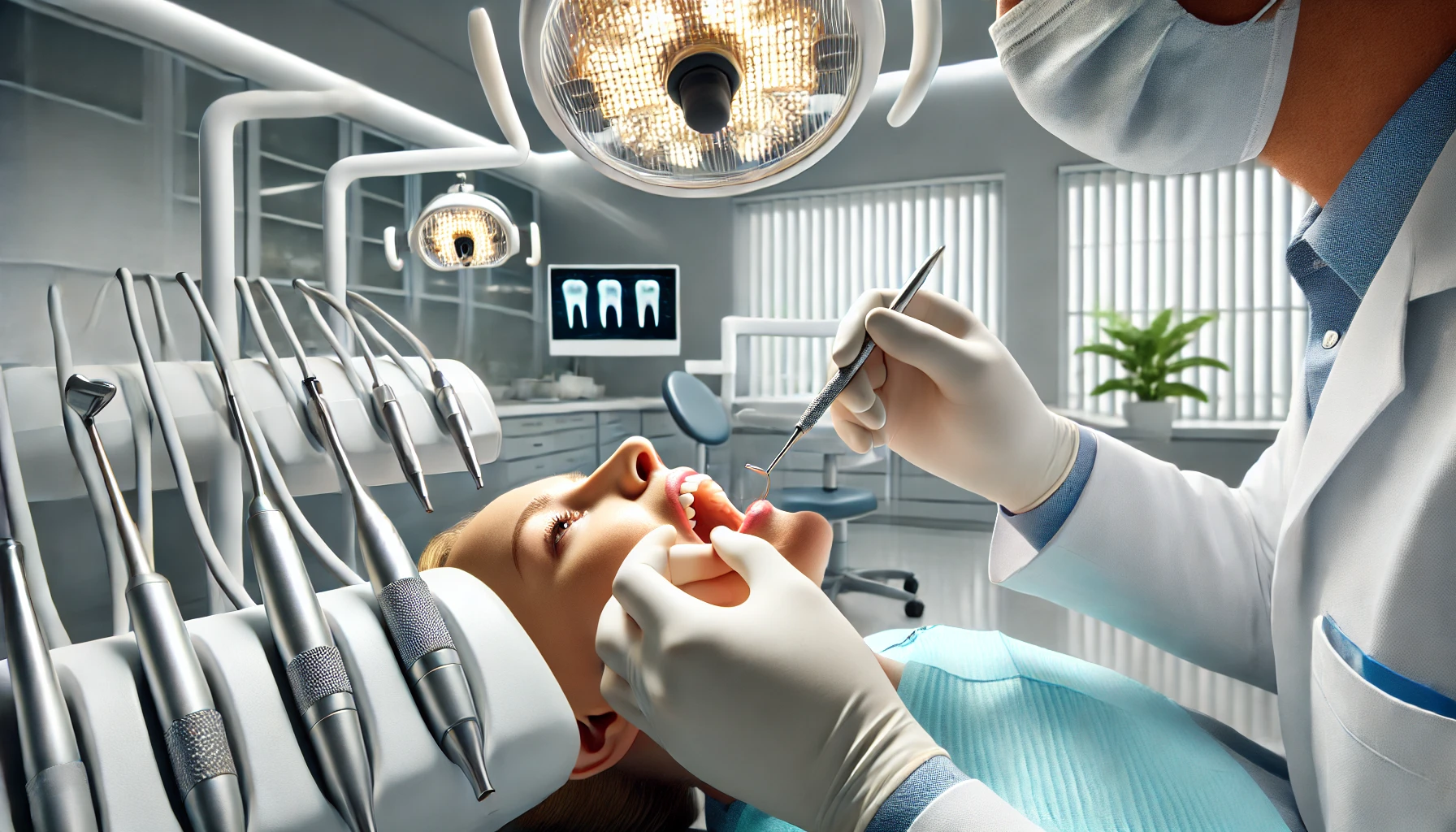 Alanya'da diş implant tedavisi gören bir hasta ve modern ekipmanlarla çalışan diş hekimi.